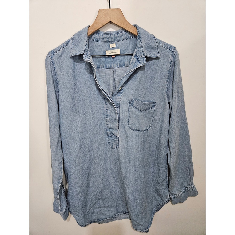 Loft Softened Chambray Linen Lyocell Blend Blue Henley Tunic Shirt Womens S
